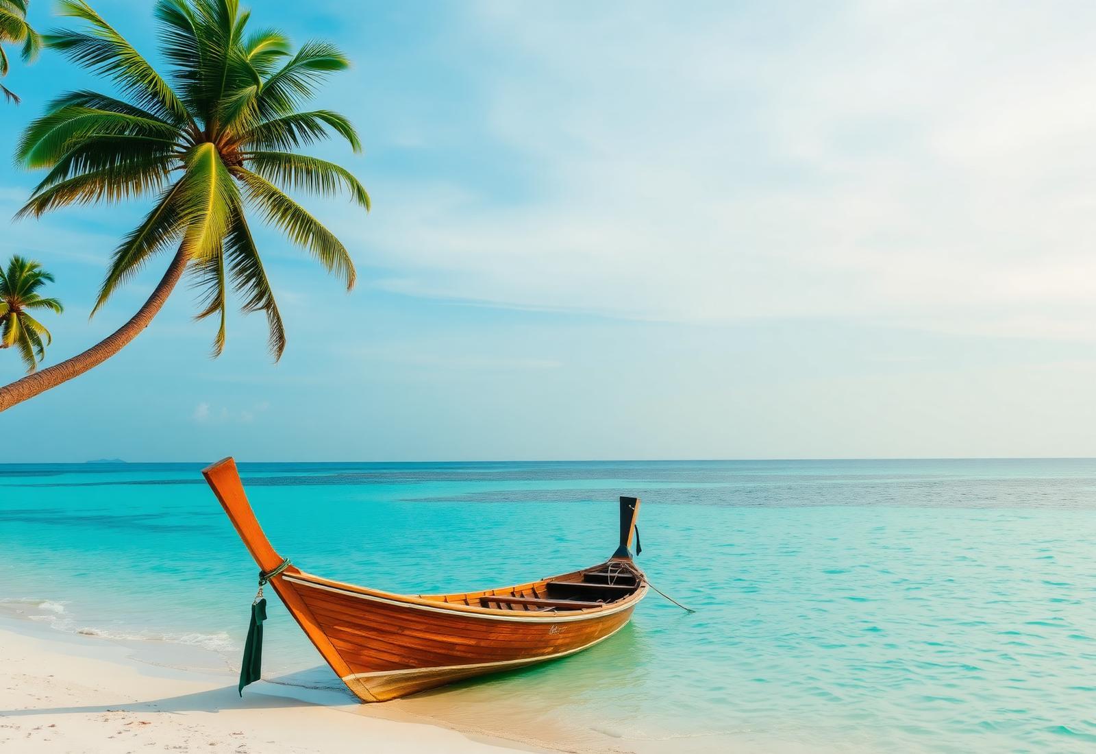 Perhentian Island turquoise beach with wooden boat