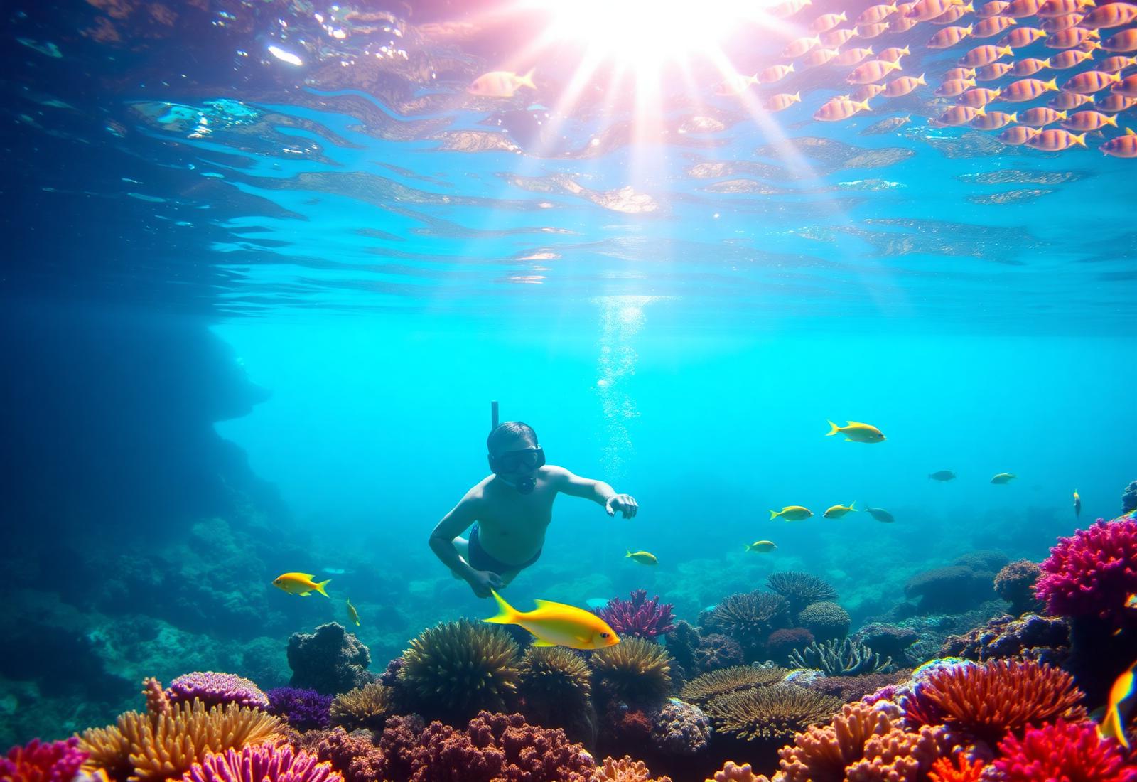 Snorkeler exploring a coral reef in the Perhentian Marine Park