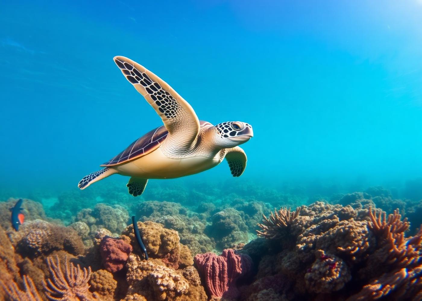Sea turtle over coral reef